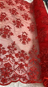 Tule Vermelho fio Metálico Bordado