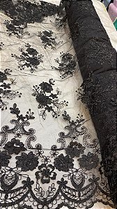 Tule Preto fio Metálico Bordado
