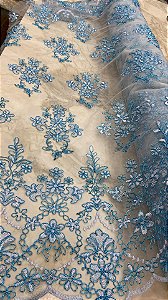 Tule Azul fio Metálico Bordado