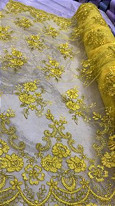Tule Amarelo fio Metálico Bordado