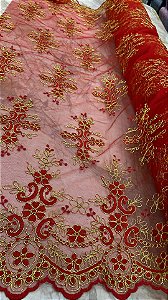 Tule Vermelho fio Dourado Bordado