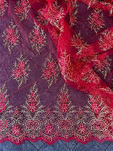 Tule Vermelho com Dourado Bordado *PROMOÇÃO*