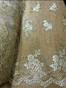 Tule Branco com Dourado Bordado *PROMOÇÃO*