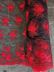 Tule Preto Fio Metálico Vermelho *PROMOÇÃO*