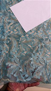 Tule Azul com Dourado Bordado