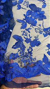 Tule Azul com Prata Bordado
