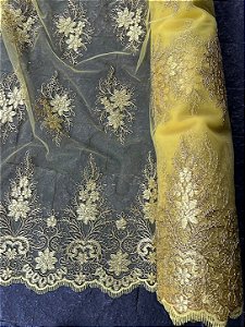 Tule Amarelo com Dourado Bordado