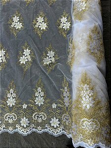 Tule Branco com Dourado Bordado