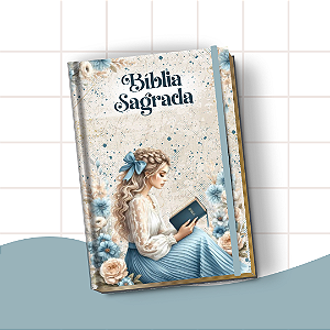 Bíblia Letra Hiper Plus com Harpa – Leitura Confortável e Edição Completa | Menina Loira Floral Azul