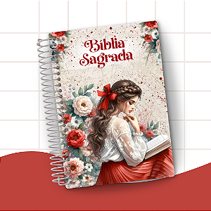 Bíblia Sagrada com Arame Personalizada - Evangélica - Almeida - Revista Corrigida | Menina Loira Floral Vermelha