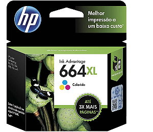 Cartucho HP 664XL Colorido Original (F6V30AB)  Para HP DeskJet Ink Advantage 1115, 2134, 2136, 2676, 3636, 3776, 3786, 3788, 3790, 3836, 4536, 4676, 5076, 5276