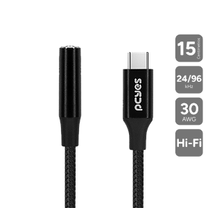Cabo Adaptador Usb Tipo-C Para P3 Fêmea Hifi - Preto - 15Cm - Nylon - P3Ucp-15P