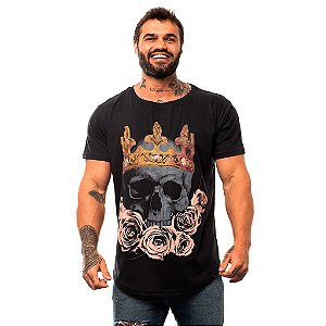 Camiseta Longline Masculina MXD Conceito Limitada Skull King Of Roses