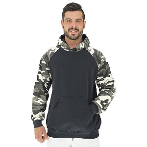 Blusa Moletom Masculino MXD Conceito Com Touca Preto Detalhes Camuflado Cinza