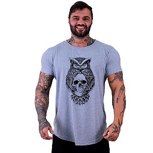 Camiseta Longline Manga Curta MXD Conceito Coruja Sábia com Caveira