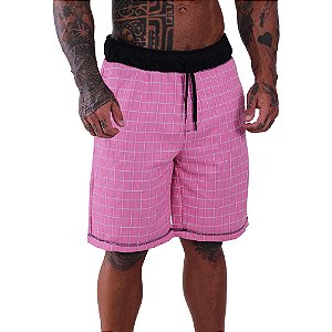 Bermuda Masculina Moletom MXD Conceito Quadriculado Rosa Bebê