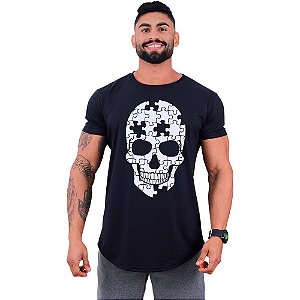 Camiseta Longline Masculina Manga Curta MXD Conceito Puzzle Skull