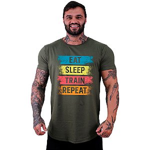 Camiseta Longline Masculina Manga Curta MXD Conceito Eat Sleep Train Repeat