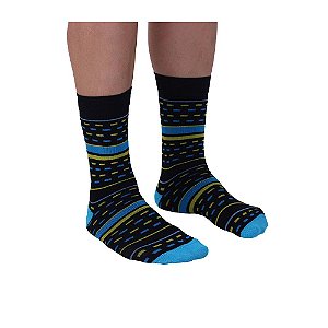 Meia Masculina Cano Alto Casual Fun Retângulos e Listras Amarelo e Azul