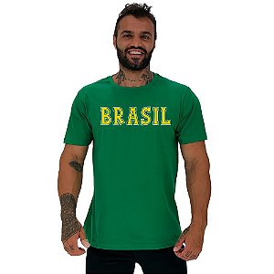 Camiseta Tradicional Masculina MXD Conceito Escrita Brasil Amarelo