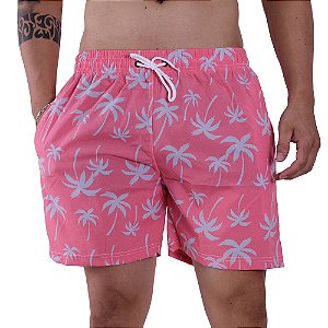 Short Tactel Masculino Plus Size Marphim Palmeiras Rosas