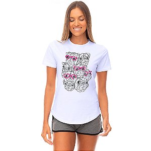 Camiseta Longline Feminina MXD Conceito Pugs Com Óculos e Sem Óculos