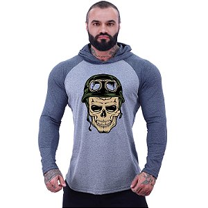 Camiseta Manga Longa Longline Com Touca MXD Conceito Caveira Soldado