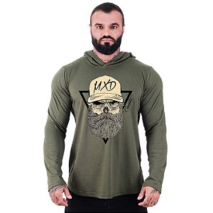 Camiseta Manga Longa Longline Com Touca MXD Conceito Caveira Lenhador