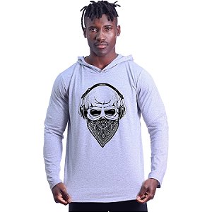 Camiseta Manga Longa Longline Com Touca MXD Conceito Caveira Mascarada