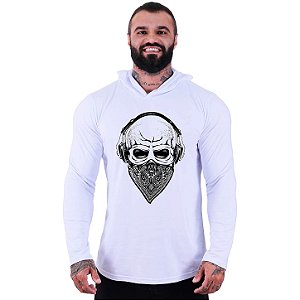 Camiseta Manga Longa Longline Com Touca MXD Conceito Caveira Mascarada