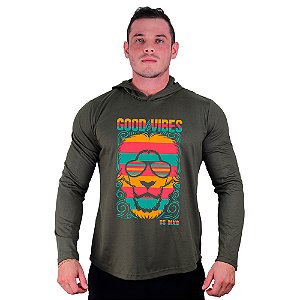 Camiseta Manga Longa Longline Com Touca MXD Conceito Good Vibes Lion