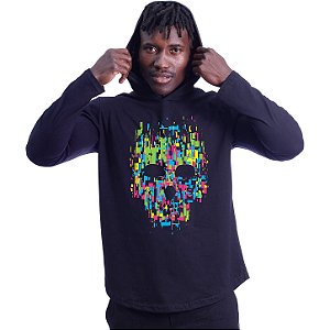 Camiseta Manga Longa Longline Com Touca MXD Conceito Caveira Quadriculada