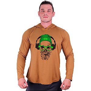 Camiseta Manga Longa Longline Com Touca MXD Conceito Headphone Skull