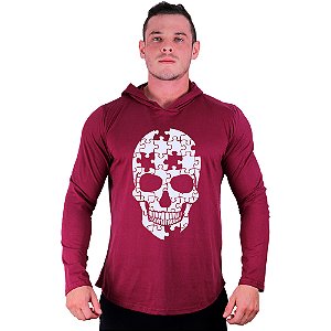 Camiseta Manga Longa Longline Com Touca MXD Conceito Puzzle Skull