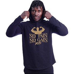Camiseta Manga Longa Longline Com Touca MXD Conceito No Pain No Gain