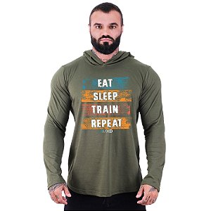 Camiseta Manga Longa Longline Com Touca MXD Conceito Eat, Sleep, Train, Repeat