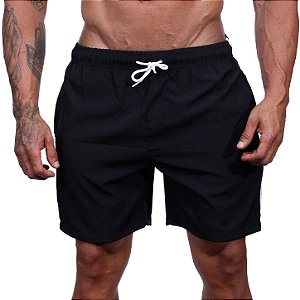 Short Tactel Listrado Elastic Masculino MXD Conceito 3 Bolsos Preto Com Listra Branca