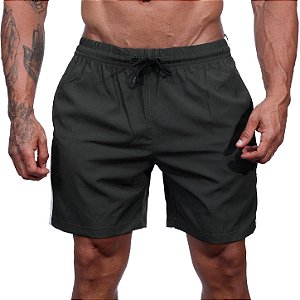 Short Tactel Listrado Elastic Masculino MXD Conceito 3 Bolsos Verde Militar Com Listra Branca