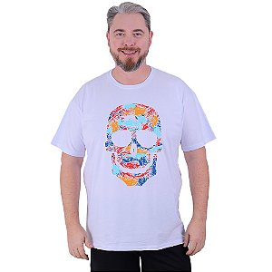 Camiseta Tradicional Estampada Plus Size Curta MXD Conceito Caveira de Cores