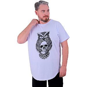 Camiseta Longline Estampada Plus Size MXD Conceito Manga Curta Caveira Coruja