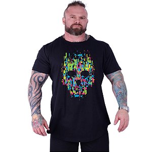 Camiseta Longline Estampada Plus Size MXD Conceito Manga Curta Caveira Pixel