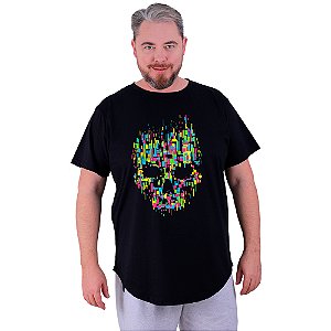 Camiseta Longline Estampada Plus Size MXD Conceito Manga Curta Caveira Pixel