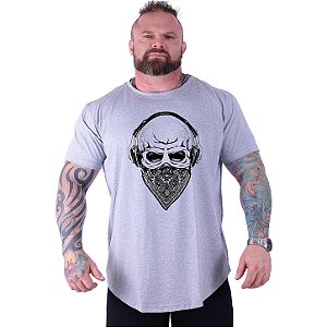Camiseta Longline Estampada Plus Size MXD Conceito Manga Curta Caveira Headphone