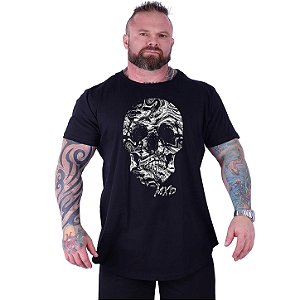 Camiseta Longline Estampada Plus Size MXD Conceito Manga Curta Caveira Liquida