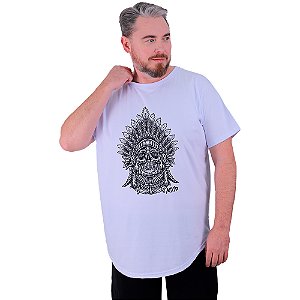 Camiseta Longline Estampada Plus Size MXD Conceito Manga Curta Caveira Cacique