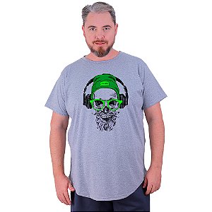 Camiseta Longline Estampada Plus Size MXD Conceito Manga Curta Green Glasses Skull