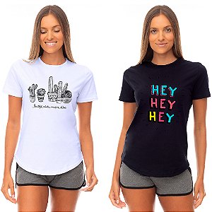 Kit 2 Camisetas Longline Feminina MXD Conceito Hey Hey Hey e Cactus