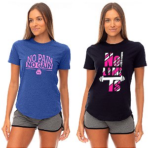 Kit 2 Camisetas Longline Feminina MXD Conceito No Pain No Gain Academia