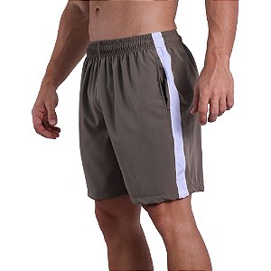 Short Tactel Listrado Elastic Masculino MXD Conceito 3 Bolsos Caqui Areia Com Listra Branca