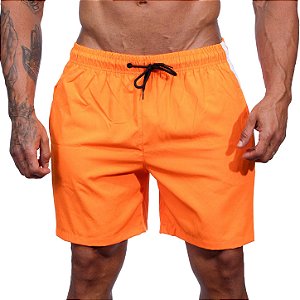 Short Tactel Listrado Elastic Masculino MXD Conceito 3 Bolsos Laranja Fluorescente Neon Com Listra Branca